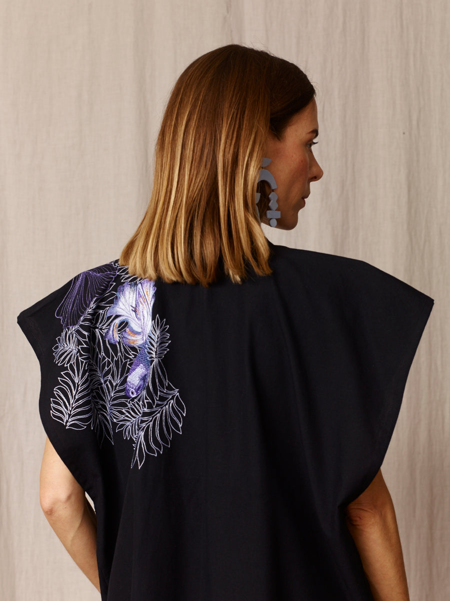 Bibi Embroidered Black Cotton Kimono Dress