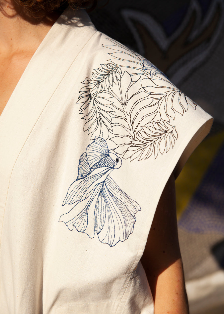 Bibi Embroidered Ecru Silk Kimono Dress